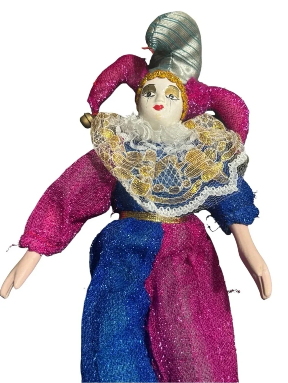 Vintage 11” Jester Painted Porcelain Clown Doll Blue, Pink/Purple, Gold
